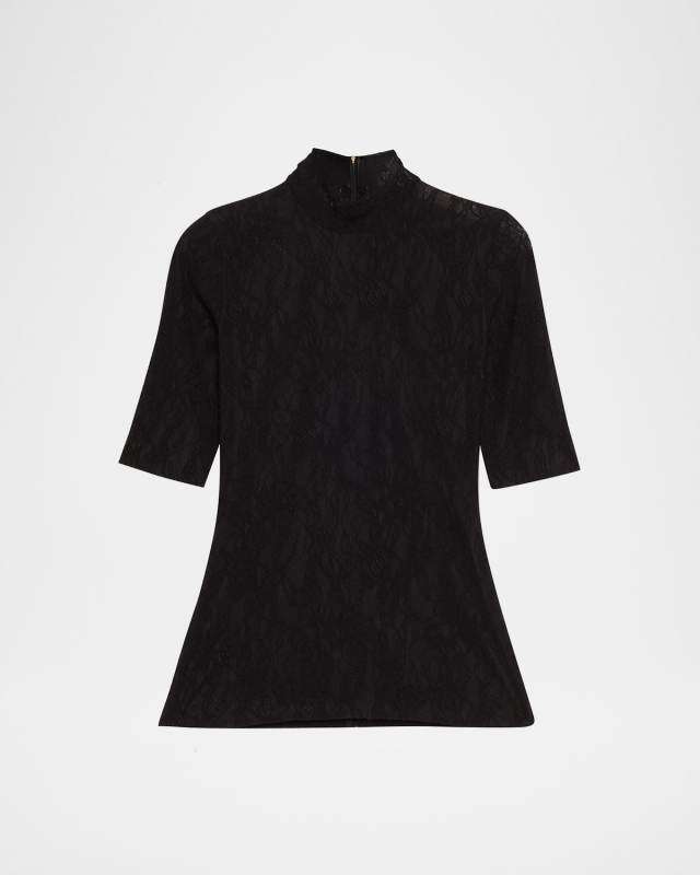 Mock-Neck Stretch Lace Short-Sleeve Top